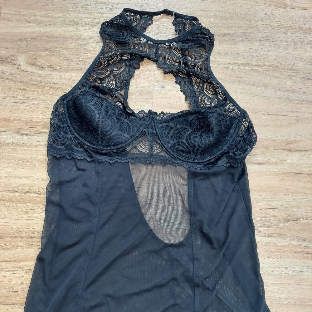 Black mesh and lace négligée